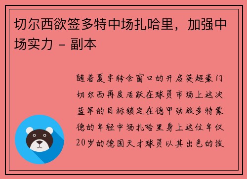 切尔西欲签多特中场扎哈里，加强中场实力 - 副本